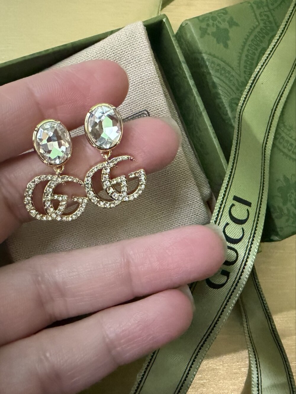Gucci Crystal Double G Earrings - Gold with Clear Crystals